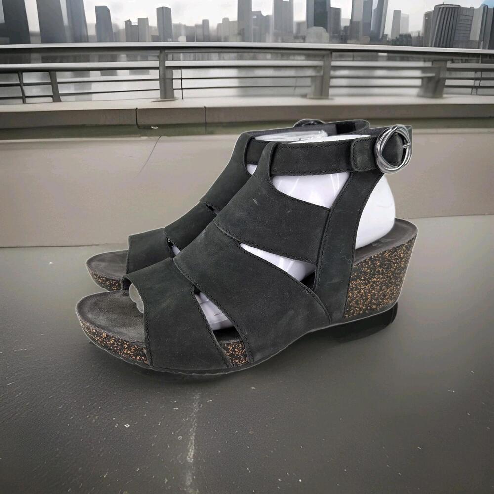 Dansko Sera Black Milled Nubuck Leather Wedge Sandals US 10 Ankle Strap Open Toe